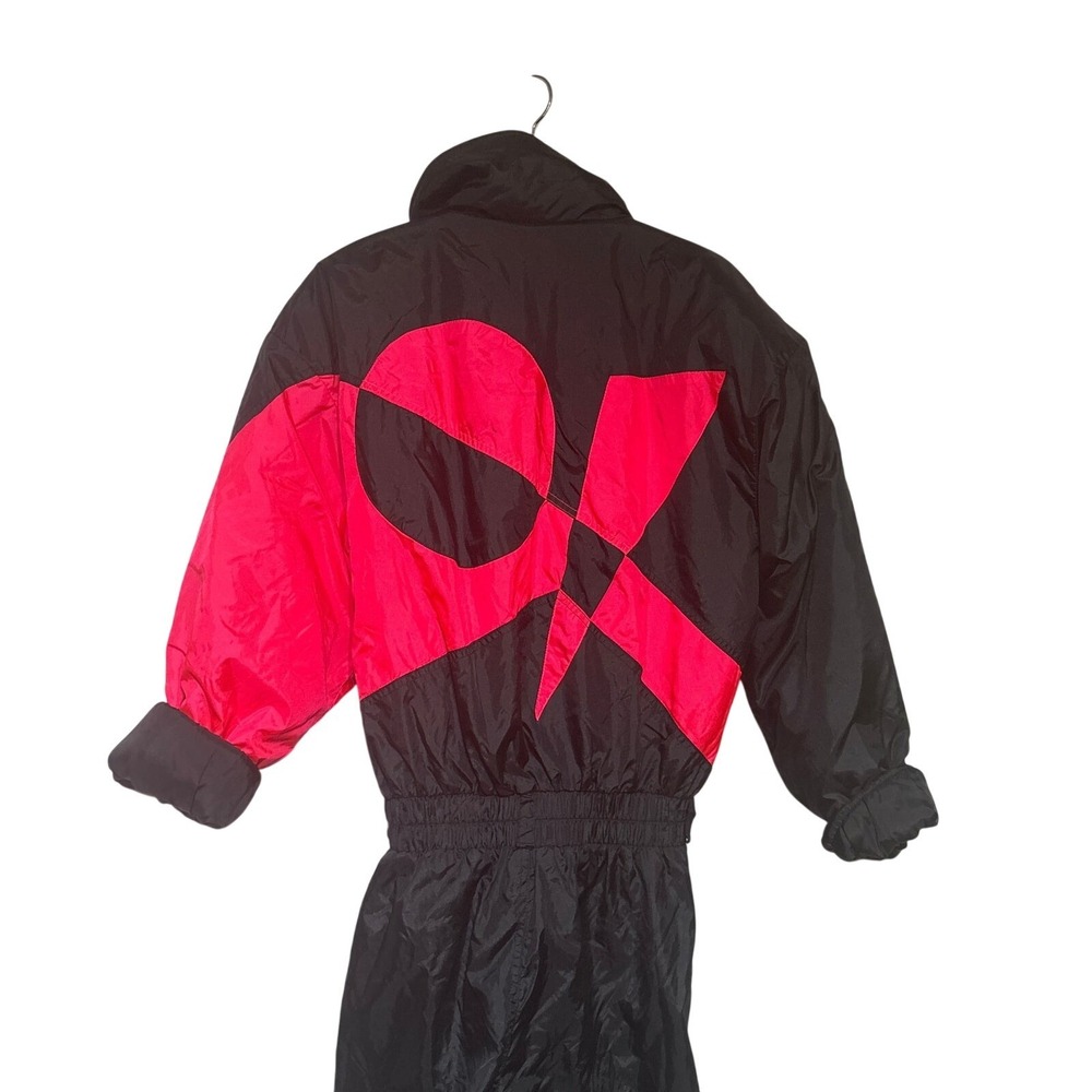 Vintage NILS 80s‎ One Piece Ski Suit Black Pink Patterned Belted Snowsuit